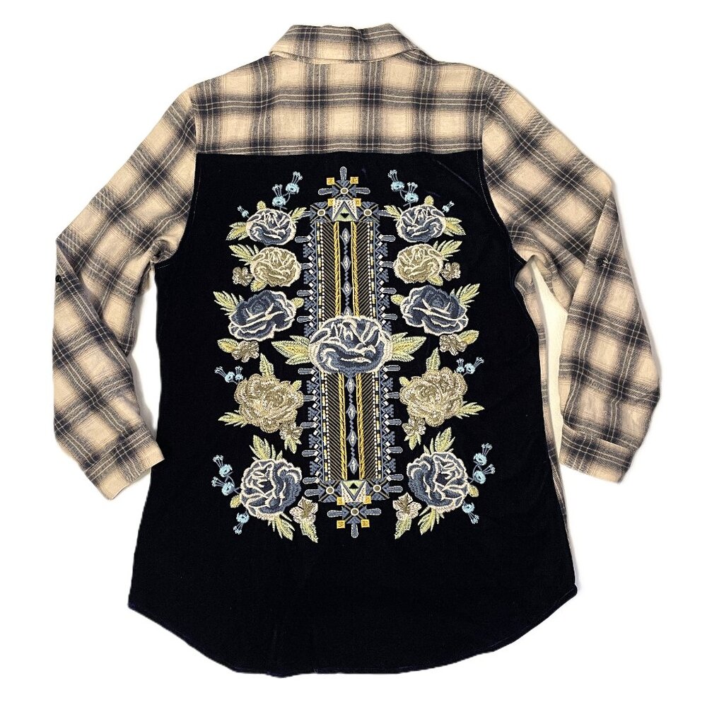 Paparazzi Top Large Boho Floral Embroidered Button Up Velvet Velour Plaid Shirt - Picture 16 of 16